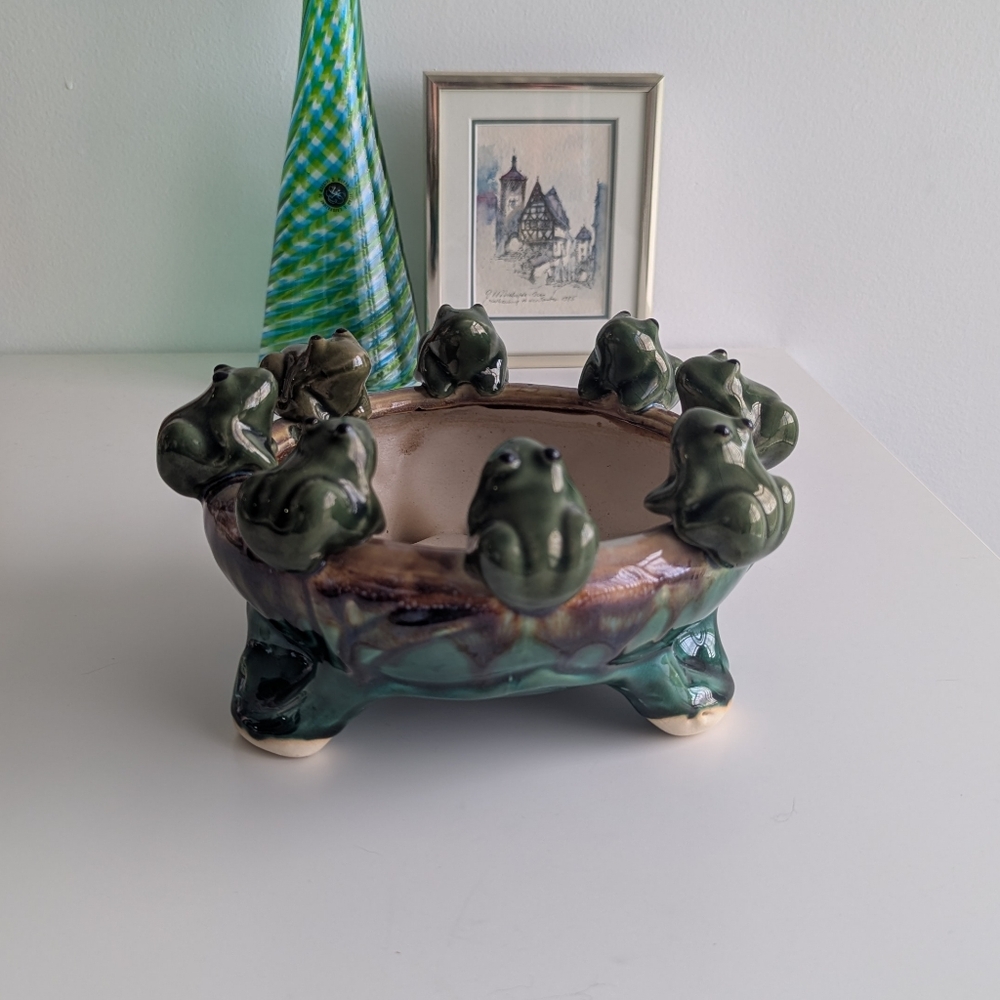 Whimsical Green Frog Ceramic Bowl